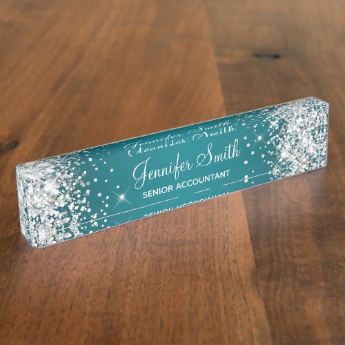 Sparkly Silver Glitter Dark Turquoise Gradient Desk Name Plate