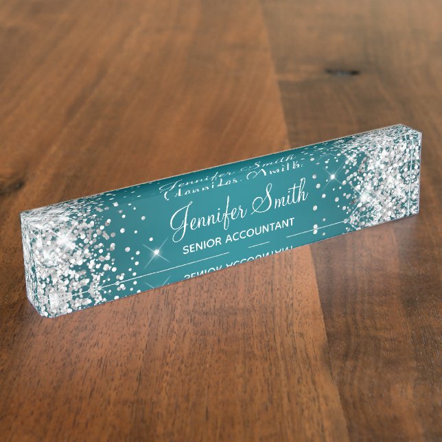 Sparkly Silver Glitter Dark Turquoise Gradient Desk Name Plate (Side)