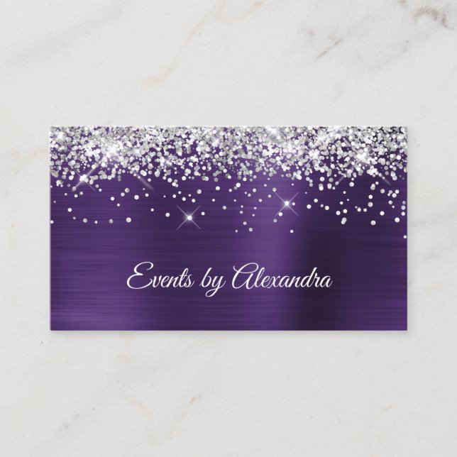 Sparkly Silver Glitter Dark Violet Satin Foil Business Card (Front)
