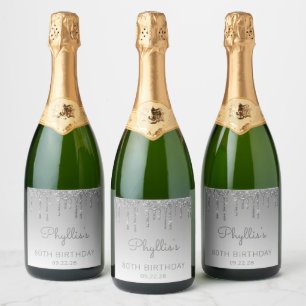 Sparkly Silver Glitter Drip 80th Birthday Sparkling Wine Label