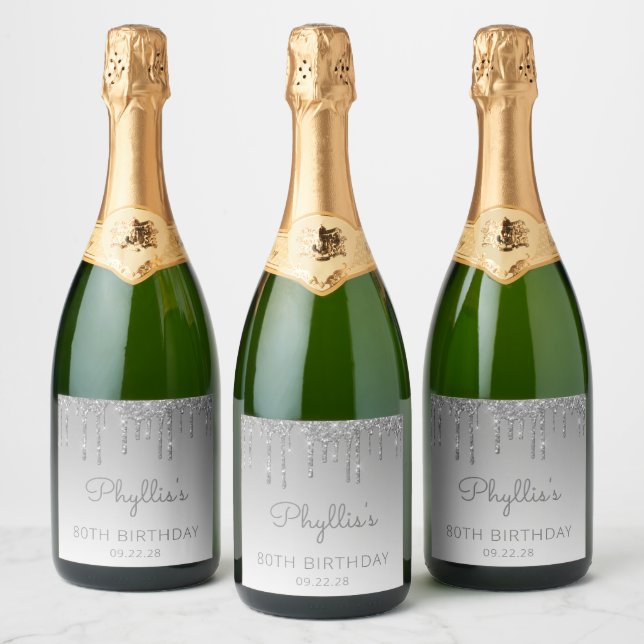 Sparkly Silver Glitter Drip 80th Birthday Sparkling Wine Label (Bottles)
