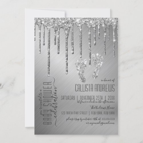 Sparkly Silver Glitter Drips Foot Baby Shower Invitation