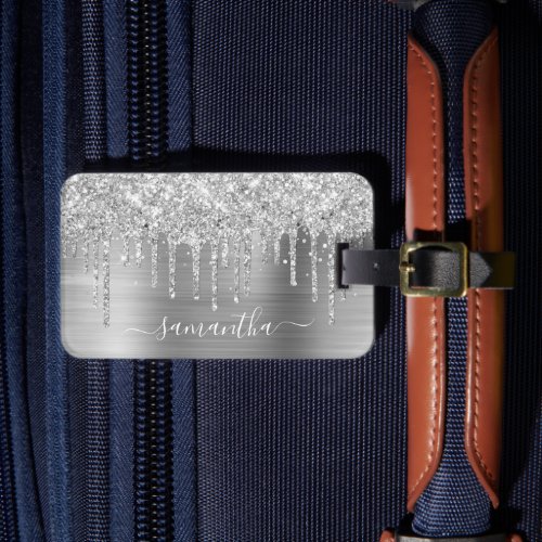 Sparkly Silver Glitter Drips Girly Signature Luggage Tag