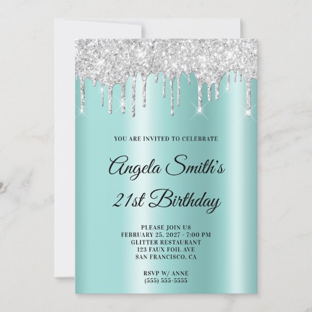 Sparkly Silver Glitter Drips Light Teal Ombre Invitation (Front)