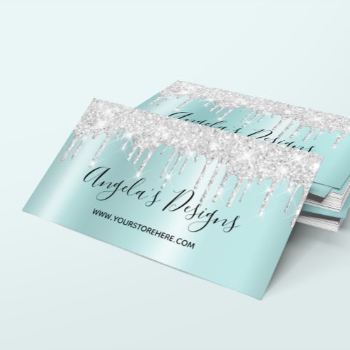 Sparkly Silver Glitter Drips Light Turquoise Ombre Business Card