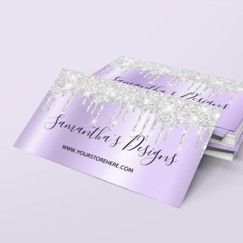 Sparkly Silver Glitter Drips Pale Lavender Ombre Business Card