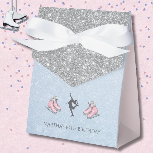Sparkly Silver Glitter Figure Skater Birthday Favor Boxes (Elegant Ice Skater Favor Boxes with Silver Glitter and Icy Blue accents)