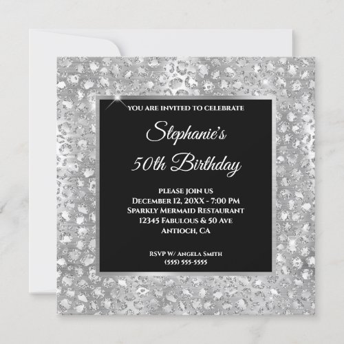 Sparkly Silver Glitter Foil Leopard Print Birthday Invitation