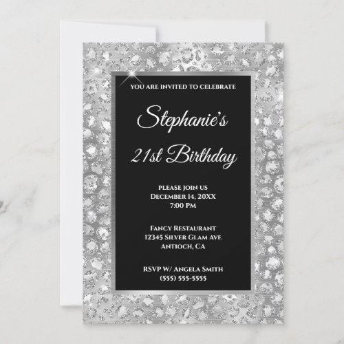 Sparkly Silver Glitter Foil Leopard Print Birthday Invitation