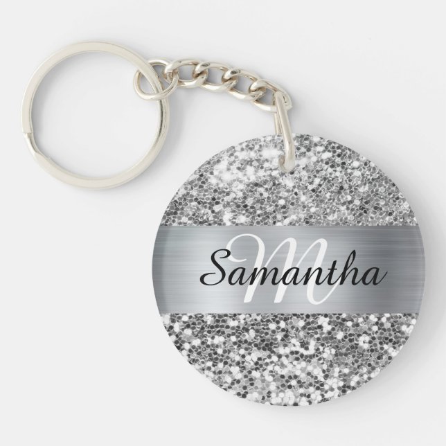 Sparkly Silver Glitter Foil Personalized Monogram Keychain (Front)