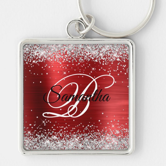 Sparkly Silver Glitter Girly Red Foil Monogram Keychain (Front)