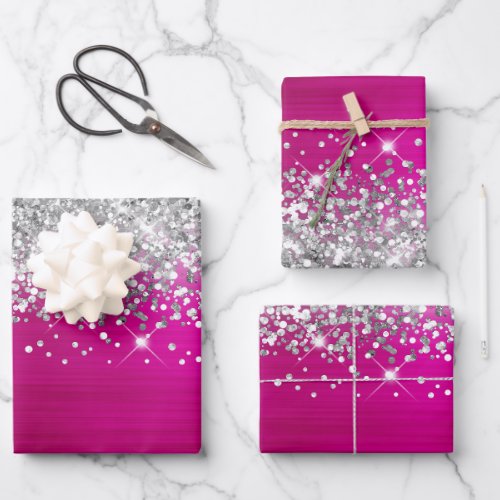 Sparkly Silver Glitter Hot Pink Faux Foil Wrapping Paper Sheets