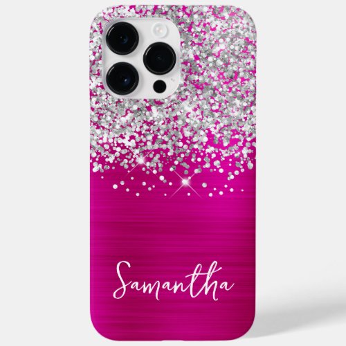 Sparkly Silver Glitter Hot Pink Glam Name Case_Mate iPhone 14 Pro Max Case