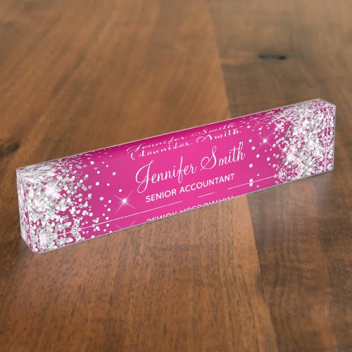 Sparkly Silver Glitter Hot Pink Gradient Desk Name Plate