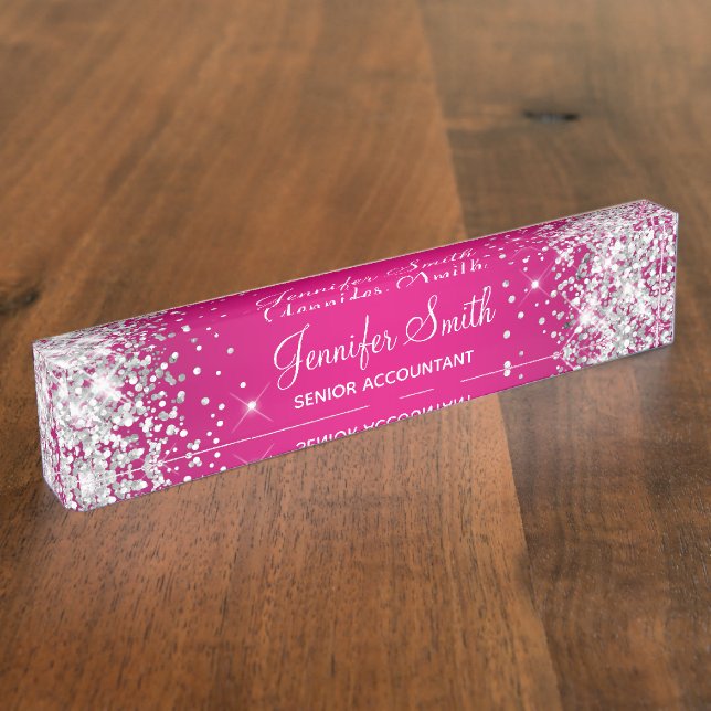 Sparkly Silver Glitter Hot Pink Gradient Desk Name Plate (Side)