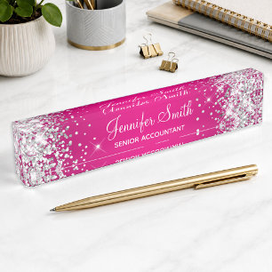 Sparkly Silver Glitter Hot Pink Gradient Desk Name Plate