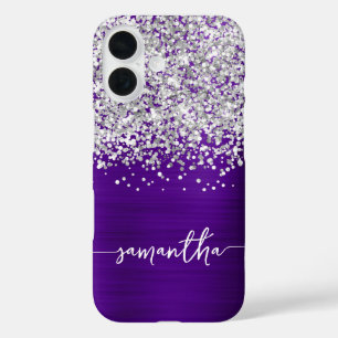 Sparkly Silver Glitter Indigo Purple Glam Name iPhone 16 Case