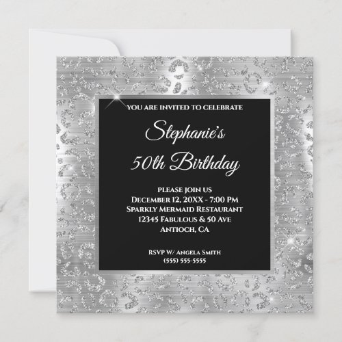 Sparkly Silver Glitter Leopard Print Birthday Invitation