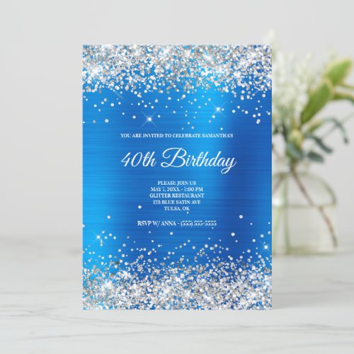 Sparkly Silver Glitter Light Blue Satin Foil Invitation