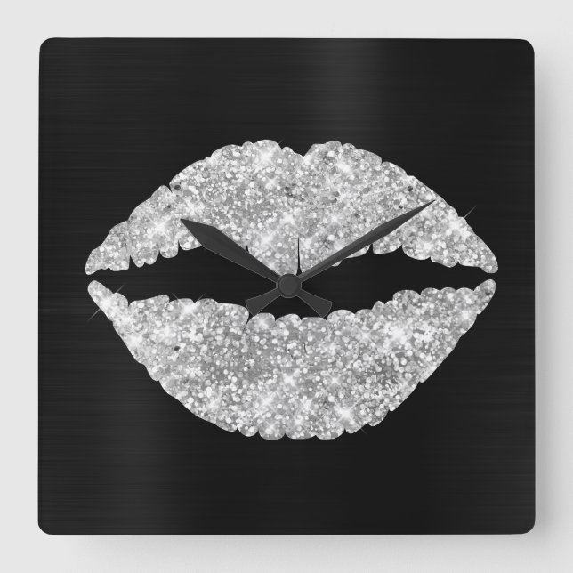 Sparkly Silver Glitter Lipstick Black Foil Square Wall Clock (Front)