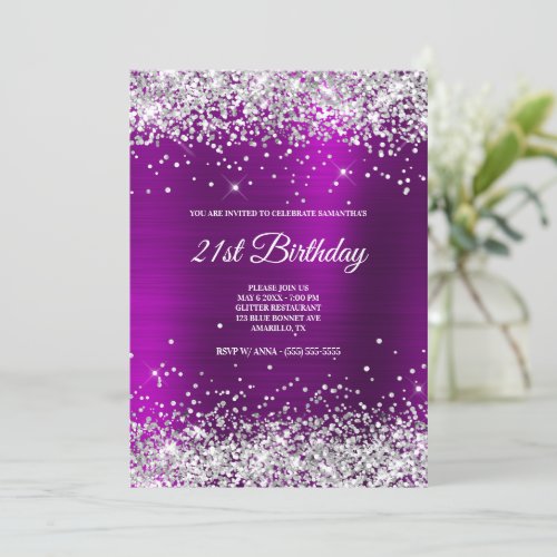 Sparkly Silver Glitter Magenta Purple Satin Foil Invitation
