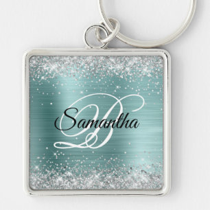 Sparkly Silver Glitter Mint Teal Foil Monogram Keychain