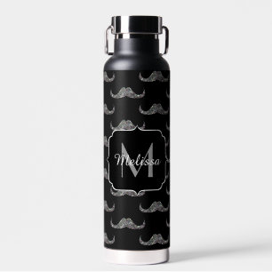 Sparkly silver glitter Mustache black Monogram Water Bottle