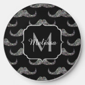 Sparkly silver glitter Mustache black Monogram Wireless Charger (Front)