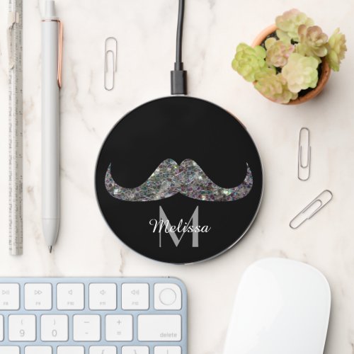 Sparkly silver glitter Mustache black Monogram Wireless Charger