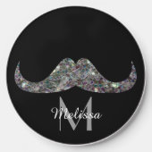 Sparkly silver glitter Mustache black Monogram Wireless Charger (Front)