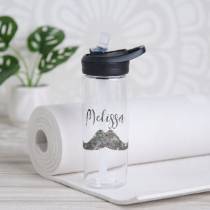Sparkly silver glitter Mustache Monogram name Water Bottle