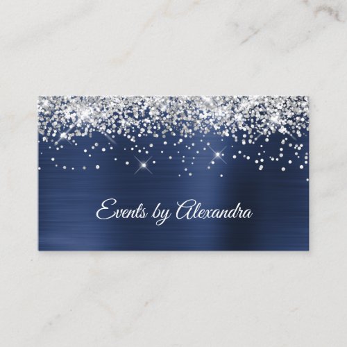 Sparkly Silver Glitter Navy Blue Satin Foil Business Card