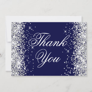 Sparkly Silver Glitter Navy Blue Thank You Card