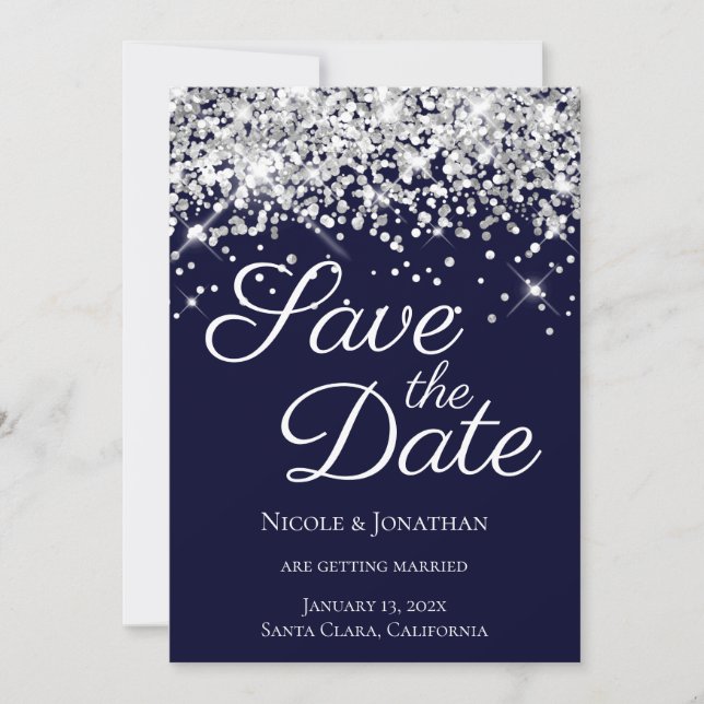 Sparkly Silver Glitter Navy Elegant Calligraphy Save The Date (Front)