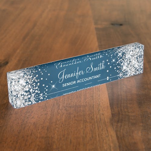 Sparkly Silver Glitter Ocean Blue Gradient Desk Name Plate