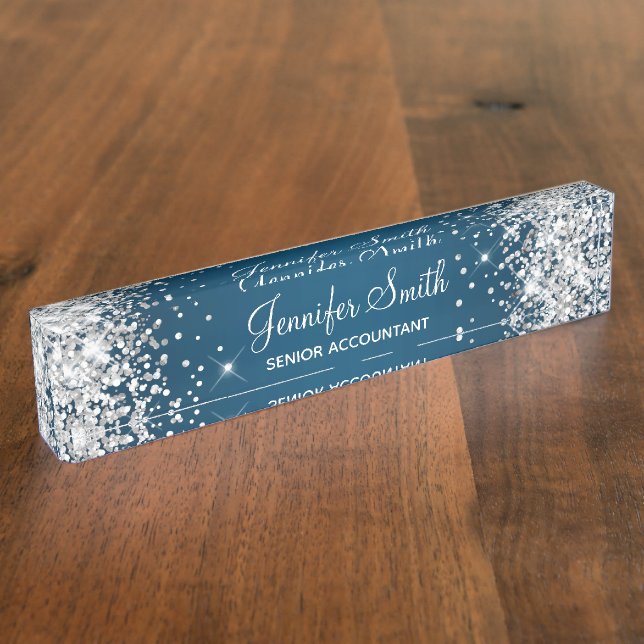 Sparkly Silver Glitter Ocean Blue Gradient Desk Name Plate (Side)