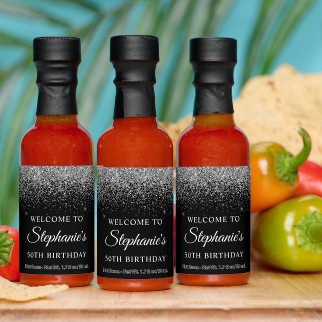 Sparkly Silver Glitter on Black 50th Birthday Hot Sauces (Multi)