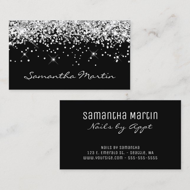 Sparkly Silver Glitter on Black Business Card (Front/Back)