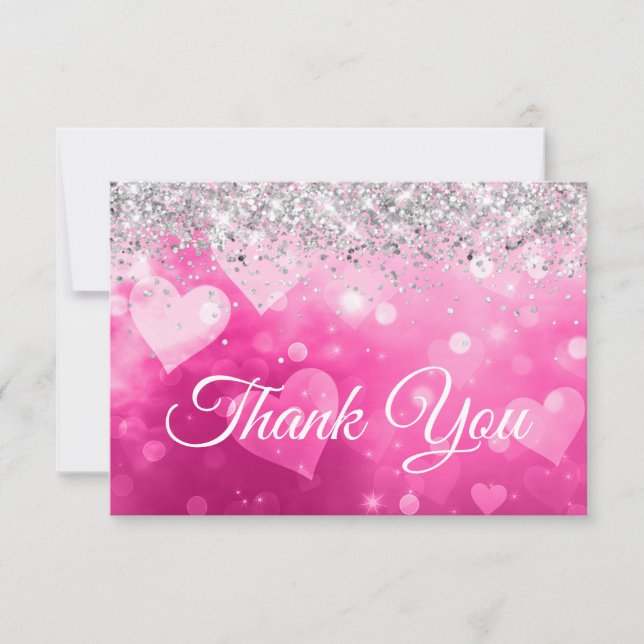 Sparkly Silver Glitter Pink Gradient Hearts Thank You Card (Front)