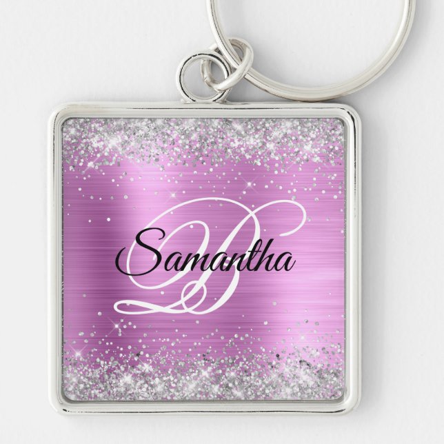 Sparkly Silver Glitter Pink Lavender Foil Monogram Keychain (Front)
