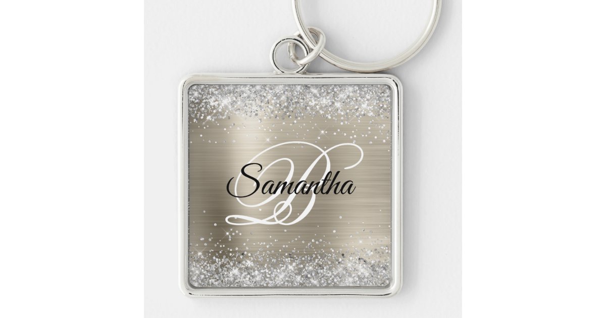 Shiny Rose Gold Pink Glitter Custom Name Monogram Keychain, Zazzle