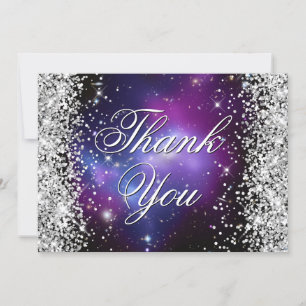 Sparkly Silver Glitter Purple Celestial Photo Thank You Card