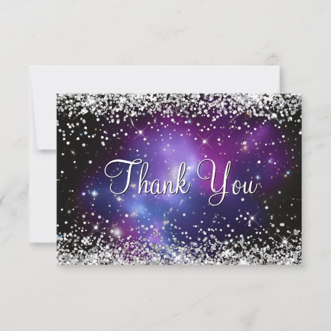 Sparkly Silver Glitter Purple Celestial Thank You Card (Front)