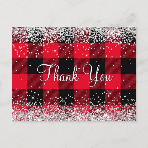 Sparkly Silver Glitter Red Buffalo Plaid Thank You Postcard