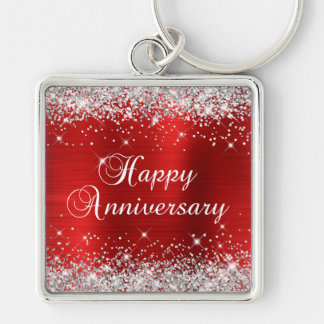 Sparkly Silver Glitter Red Foil Happy Anniversary Keychain