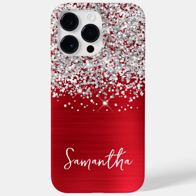 Sparkly Silver Glitter Red Glam Name Case-Mate iPhone Case (Back)