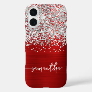 Sparkly Silver Glitter Red Glam Name iPhone 16 Case