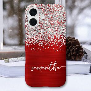 Sparkly Silver Glitter Red Glam Name iPhone 16 Case