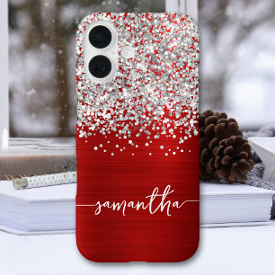 Sparkly Silver Glitter Red Glam Name iPhone 16 Case