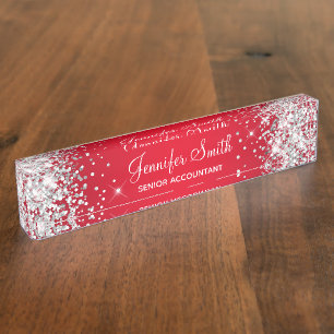 Sparkly Silver Glitter Red Gradient Desk Name Plate